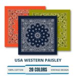 Three colorful paisley bandanas are arranged together showcasing intricate designs in orange navy and green. They are labeled as USA Western Paisley with details on fabric and colors available.