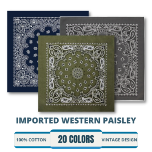Three bandanas with paisley designs are displayed in navy green and gray. They are labeled as imported western paisley made from 100% cotton available in 20 colors and featuring a vintage design.