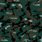 A camouflage pattern features various shades of green brown and black irregular shapes interspersed with lighter green elements creating a uniform design typically used in military clothing and gear
