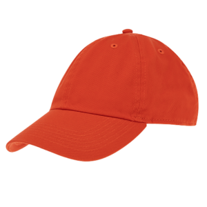 A bright red baseball cap lies on a flat surface with its brim facing forward showcasing a simple design and texture typical of casual headwear in a neutral environment