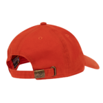 A bright orange baseball cap is positioned facing away showing the adjustable strap and logo detail on the back against a plain dark background.