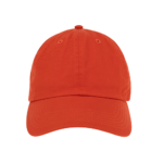 An orange baseball cap is centered facing forward showcasing its rounded crown and curved brim in a plain setting with a black background enhancing its vibrant color.
