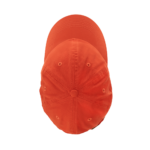 A bright orange baseball cap is displayed from above resting flat against a plain background with no additional elements or distractions visible.