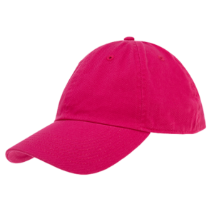 A pink baseball cap is positioned slightly tilted to one side with the brim facing forward against a plain black background suggesting casual outdoor wear.