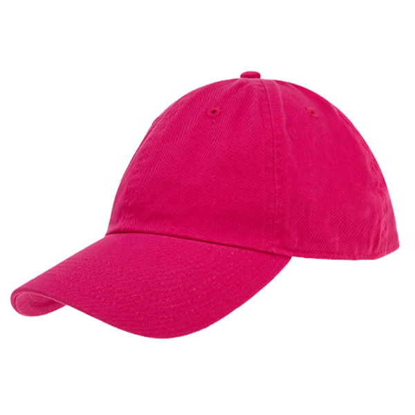 A pink baseball cap is positioned slightly tilted to one side with the brim facing forward against a plain black background suggesting casual outdoor wear.