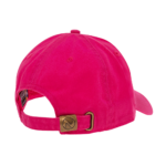 A bright pink baseball cap is displayed from the back showcasing a metal adjuster with a logo the environment is plain emphasizing the cap's color and design.