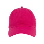 A pink baseball cap is presented upright showcasing its curved brim and fabric texture against a plain black background  emphasizing its vibrant color and casual style.