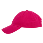 A bright pink baseball cap rests on its side showcasing a curved bill and a structured crown in a minimalist setting against a solid black background.