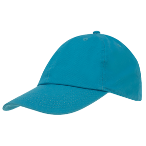 A bright turquoise baseball cap rests on a flat surface showcasing a curved brim and textured fabric with six ventilation holes surrounding the crown.