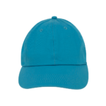 A turquoise baseball cap sits upright with a curved brim and a button on top displaying a smooth fabric texture against a plain black background.
