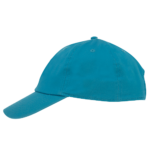 A bright blue baseball cap sits on a surface with a curved brim extending outward showing minimal details and a simple design in a neutral background