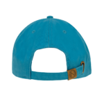A bright turquoise baseball cap rests on a flat surface showing its back with an adjustable strap and a small logo patch near the strap in an undefined background.