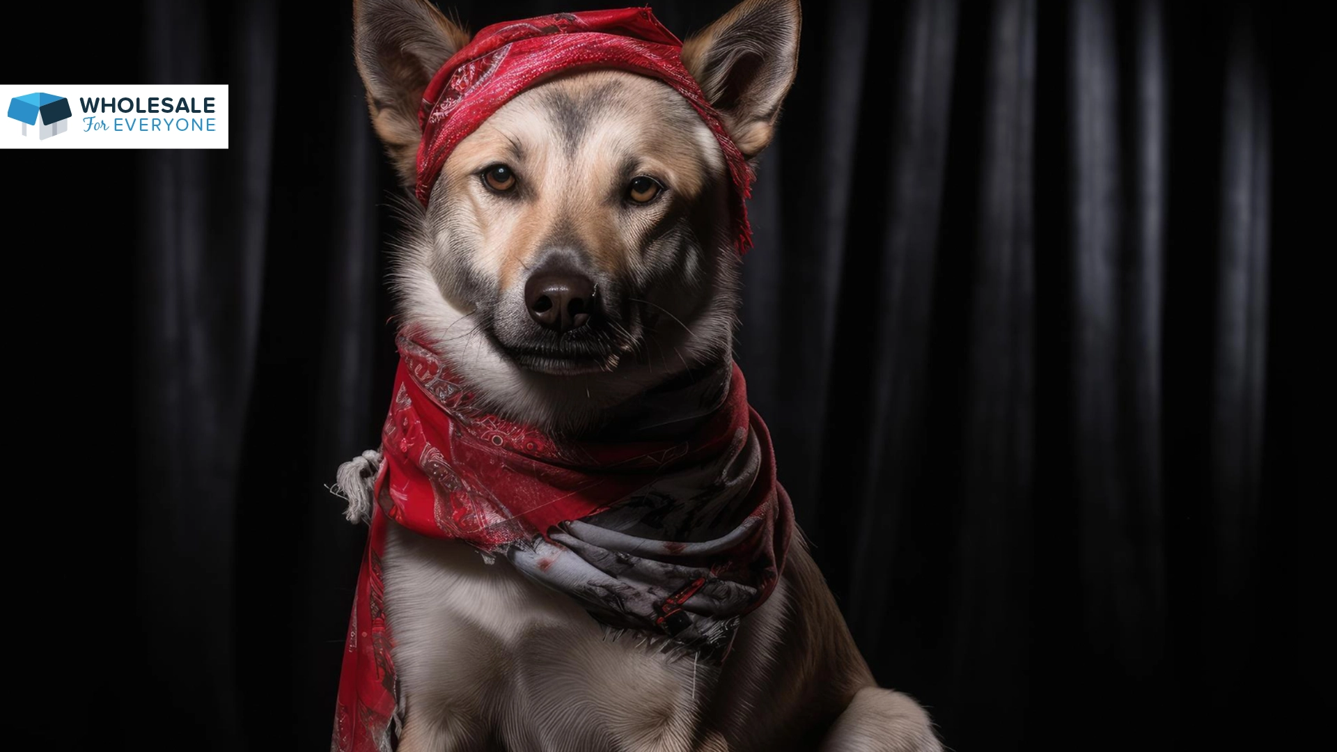 The photo shows a rescued dog wearing a bandana on his head and neck.