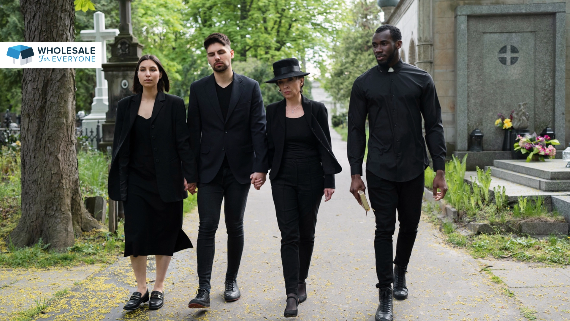 The photo shows four persons wearing black outfits going to a funeral.