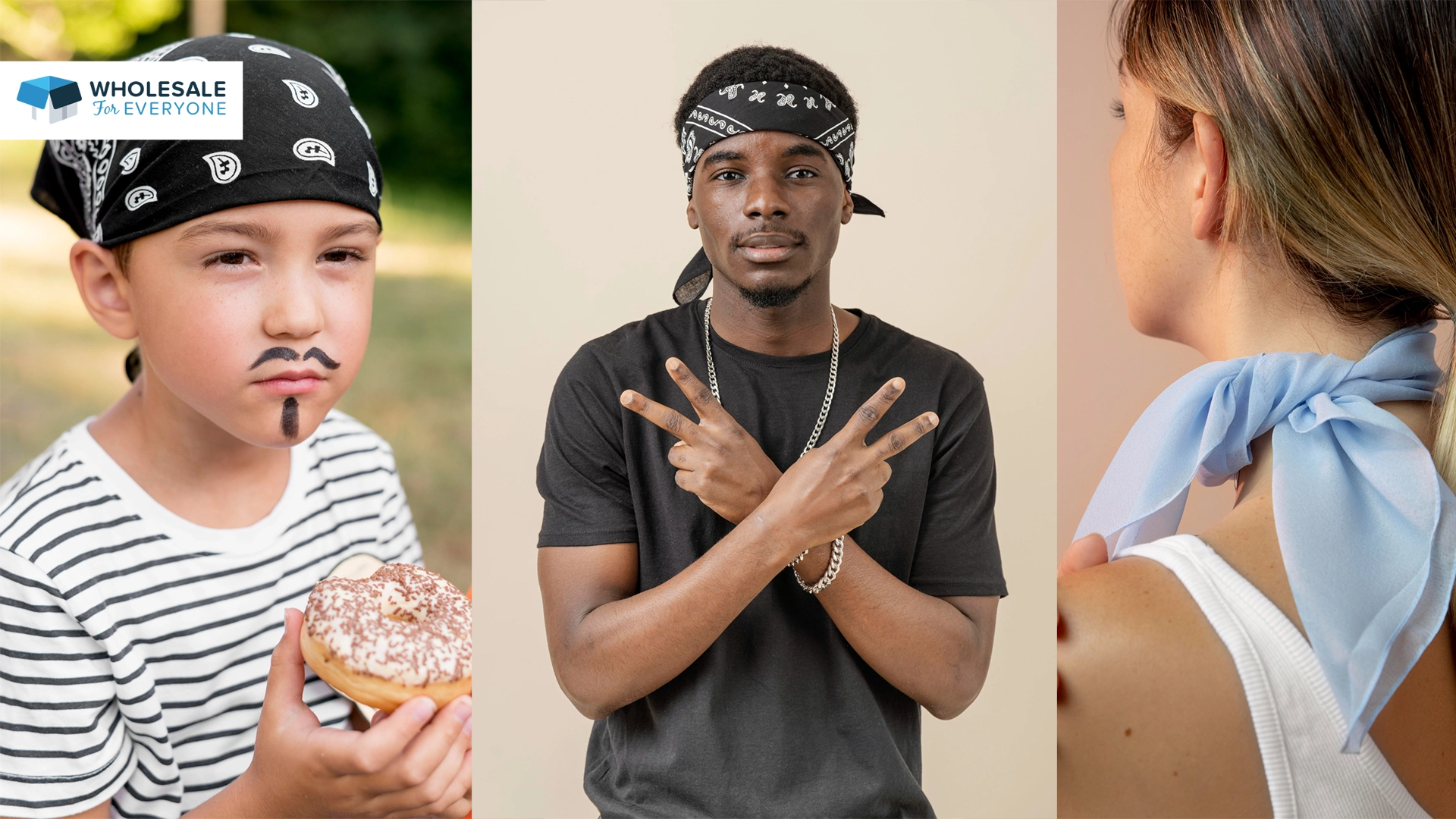 The photo shows 3 men tying bandanas in different ways.