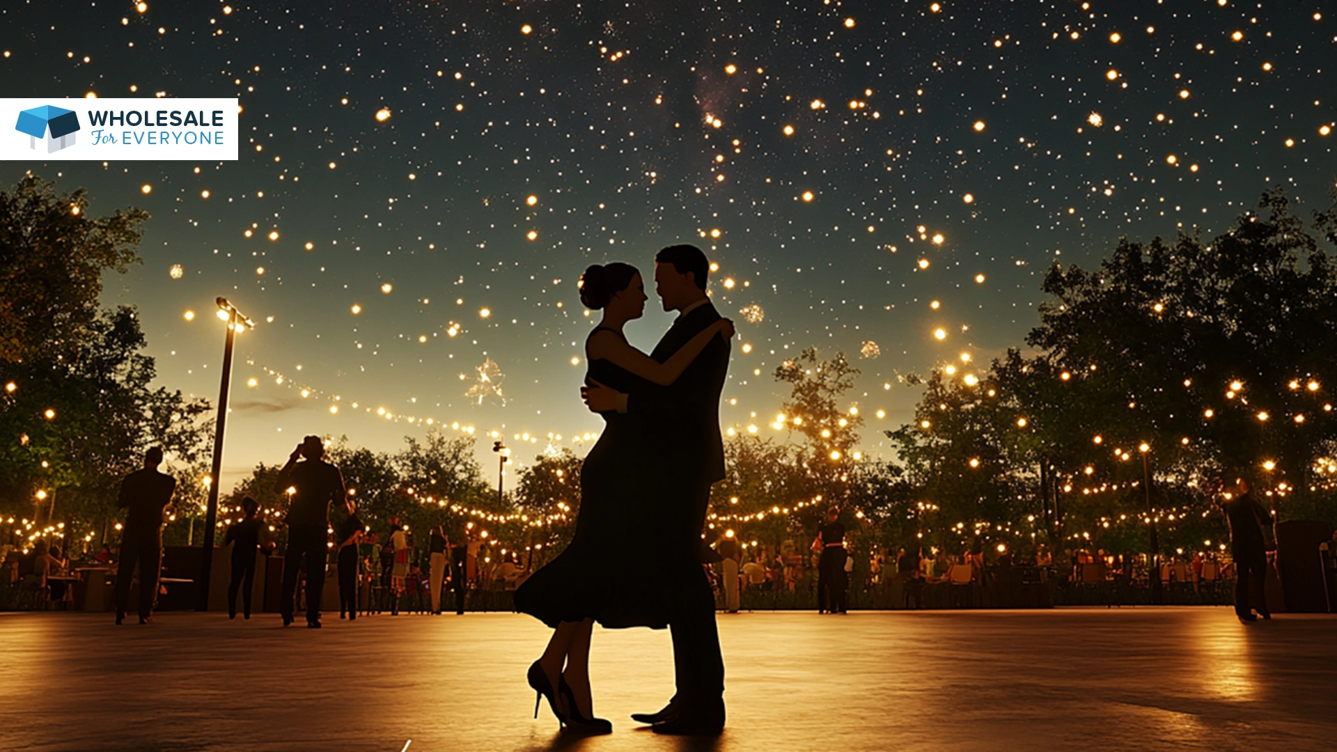 The photo shows a couple dancing under the stars.