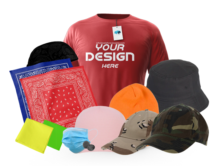 A red t-shirt with a placeholder for custom design is surrounded by various hats and bandanas including a bucket hat a camouflage cap and a medical mask against a dark background.