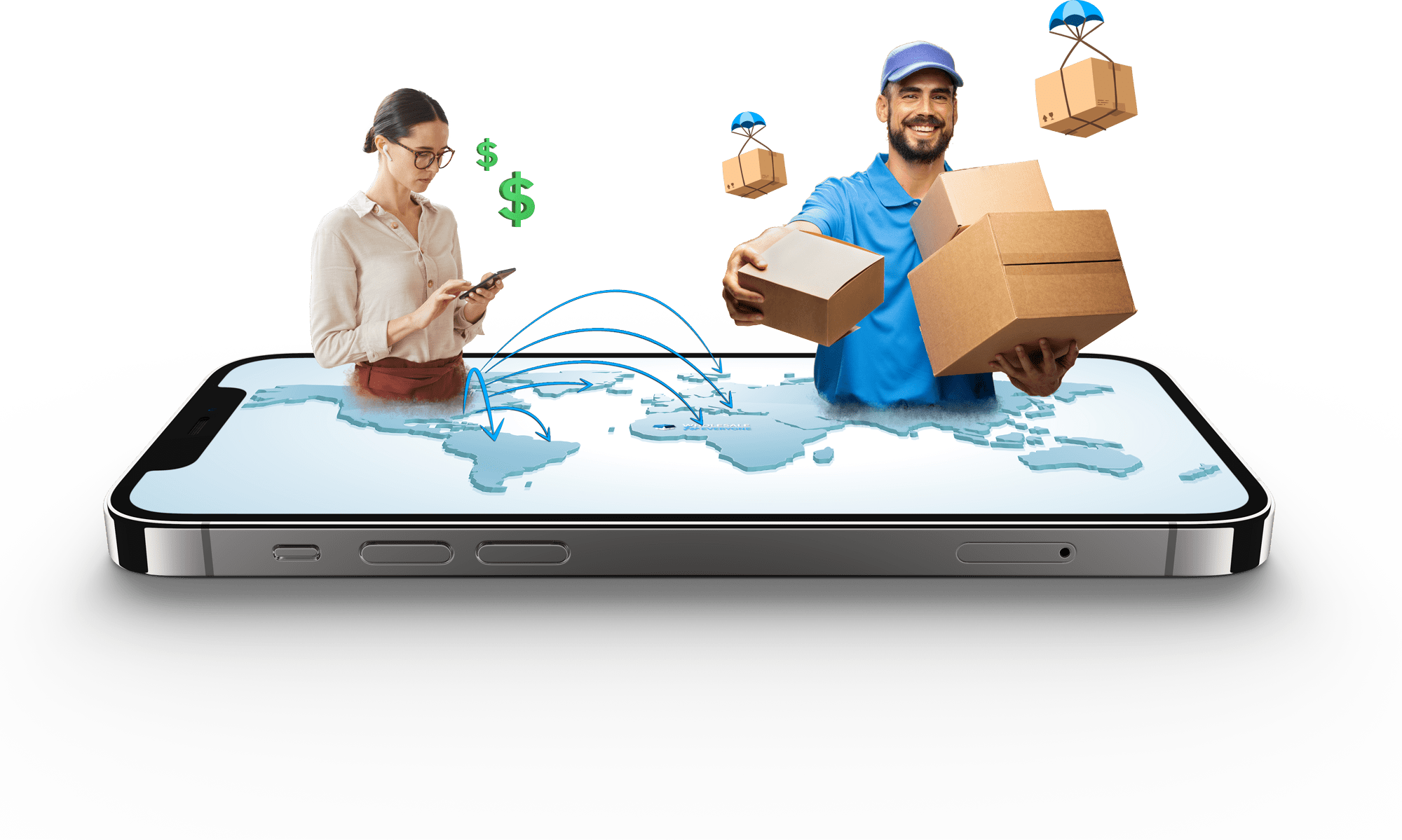 A smartphone displays a world map with a woman using it while a delivery person holds boxes above the screen showing an online shopping and delivery theme in a digital environment.