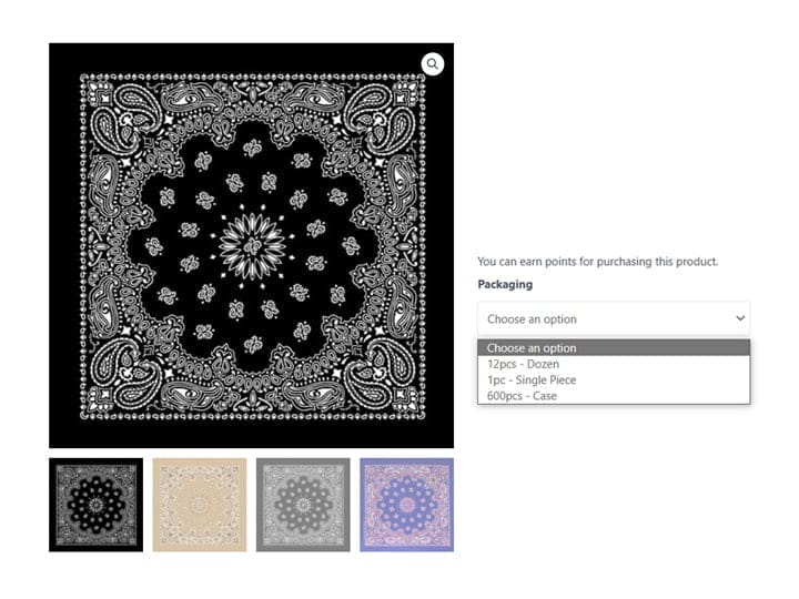A black bandana features intricate white paisley and floral patterns at its center surrounded by detailed borders located above selection options for packaging sizes on a product page.