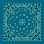 A patterned bandana features intricate paisley designs and floral motifs arranged symmetrically around a central star-like shape against a teal background  creating a vibrant and decorative textile.