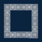A decorative square border features intricate floral and geometric patterns in white against a deep blue background emphasizing elegance and artistic design within a minimalist context.