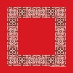 A red bandana features a white floral pattern along the edges. The design includes intricate flowers and shapes  creating a decorative border while leaving the center blank.