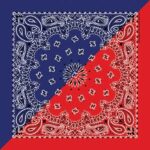 A square patterned bandana is divided diagonally with a dark blue half featuring paisley designs and a bright red half with contrasting patterns creating a vibrant and intricate textile design.