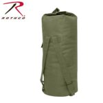 A green cylindrical duffel bag stands upright with a top roll closure and adjustable shoulder straps  suggesting utility for travel or outdoor activities against a plain white background.