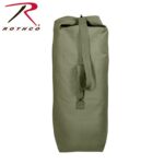 A green canvas duffel bag stands upright with a top closure and a side strap for carrying showcasing a logo at the top left corner in a white background