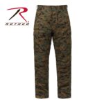 Camouflage cargo pants are displayed upright showcasing their multiple pockets and rugged fabric design against a plain background featuring a logo labeled Rothco in the upper left corner.