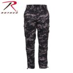 Military-style cargo pants are displayed standing upright featuring a black and gray digital camouflage pattern with pockets on the sides made of durable fabric suitable for outdoor activities.