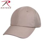 A beige baseball cap with a solid front and mesh sides sits at an angle showcasing its curved brim and stitching details in a plain background displaying the Rothco logo above.