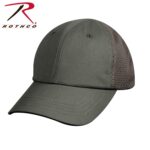A green baseball cap features a solid front with a mesh back providing ventilation resting in a neutral background with a logo in the upper left corner.