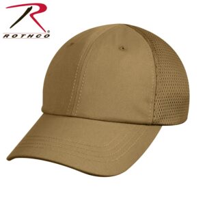 A tan cap with a curved brim and mesh panels is displayed at an angle showcasing its design and shape in a neutral background. The brand logo is present in the corner.