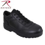 A black leather shoe features a sturdy sole with laces and mesh detailing providing a secure fit suitable for various environments showcasing durability and practical design. Rothco logo appears in the corner.