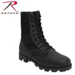 Black tactical boot with a high ankle design laced up for support situated on a plain white background showcasing durable material and rugged sole for traction and stability