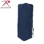 A large blue duffel bag stands upright featuring a side pocket and carrying handles showcasing its practical design for storage and travel in an outdoor or active context.