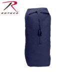A dark navy duffel bag stands upright with a drawstring closure at the top. It has a simple design and is set against a plain background  emphasizing its functionality.