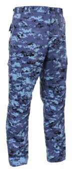 Cargo pants feature a blue digital camouflage pattern with shades of dark blue and light blue. They have multiple pockets and a sturdy appearance suitable for outdoor or tactical environments.