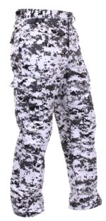 Cargo pants feature a digital camouflage pattern in shades of white and gray. The pants are designed with multiple side pockets for utility  suitable for outdoor or military use.