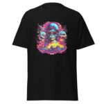 A black t-shirt displays a vivid graphic of a skull wearing sunglasses and a hat flanked by stylized clouds and flames with bright colors creating a surreal and intense atmosphere.