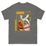 A gray t-shirt features an illustration of a bald superhero in a yellow suit with a white cape making a fist. Text includes One Punch Man and Cape Baldy with a badge saying Hero for Fun.