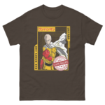 A brown T-shirt features a character in a yellow suit with a white cape punching forward  surrounded by Japanese text and a label stating "CAPED BALDY HERO FOR FUN" and "ONE PUNCH MAN."