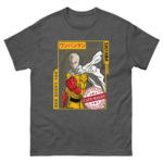A graphic t-shirt features a character in a yellow costume with a white cape making a fist. Text includes "ONE PUNCH MAN" and "CAPE BALDY" within a comic-style design.