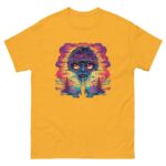 A yellow t-shirt displays a vibrant graphic of a surreal alien face with large colorful eyes surrounded by abstract clouds and trees against a scenic background.