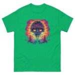 A green t-shirt displays a vibrant graphic featuring an alien face with large eyes and a dripping mouth  surrounded by colorful clouds and trees against a sunset backdrop.