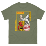A green t-shirt features an illustrated bald superhero wearing a yellow jumpsuit and a white cape standing with a strong pose and clenched fist surrounded by text and graphic elements including the words One Punch Man and Cape Baldy.
