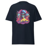 A dark t-shirt displays a vibrant graphic featuring a skull with a colorful hairstyle wearing sunglasses amidst stylized explosions and figures in a chaotic scene.