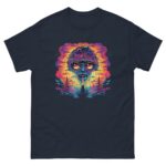 A colorful graphic t-shirt features an alien face with large eyes and a protruding tongue surrounded by a vibrant sunset and stylized trees creating a surreal atmosphere.