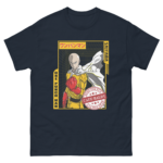 A T-shirt features a bald superhero in a yellow outfit with a white cape raising a fist. The design includes Japanese text and badges labeling him as a hero.